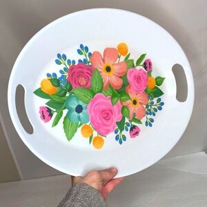 Celebrate It Spring Floral Hibiscus Melamine White Oval Tray with Handles